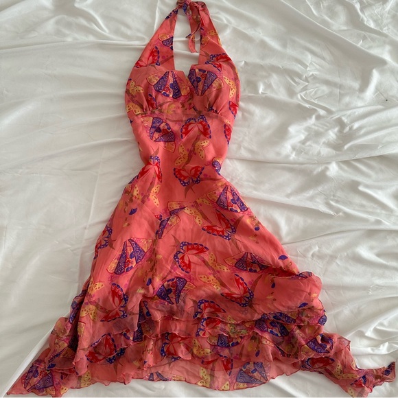 Vintage Orange Pink Asymmetrical Halter Sundress - Picture 3 of 8